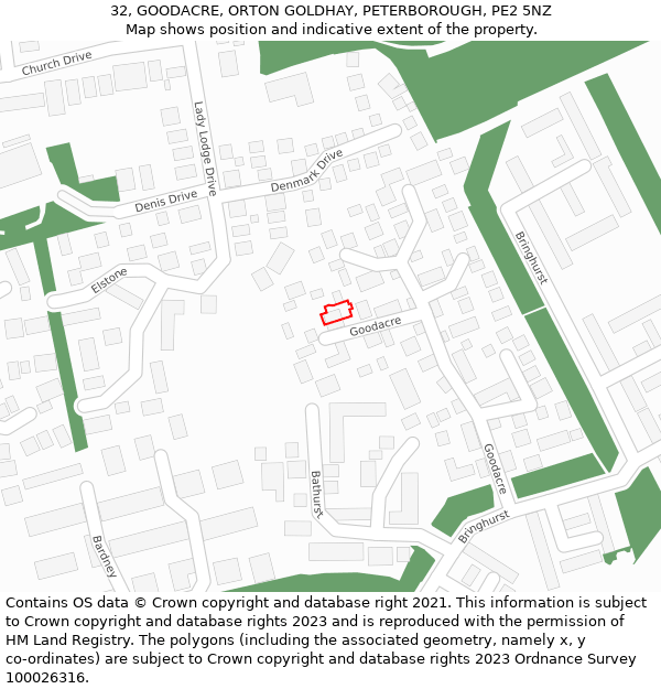 32, GOODACRE, ORTON GOLDHAY, PETERBOROUGH, PE2 5NZ: Location map and indicative extent of plot