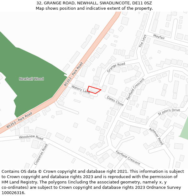 32, GRANGE ROAD, NEWHALL, SWADLINCOTE, DE11 0SZ: Location map and indicative extent of plot