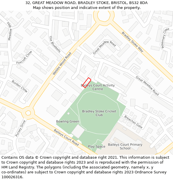 32, GREAT MEADOW ROAD, BRADLEY STOKE, BRISTOL, BS32 8DA: Location map and indicative extent of plot