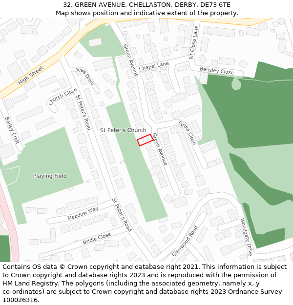 32, GREEN AVENUE, CHELLASTON, DERBY, DE73 6TE: Location map and indicative extent of plot