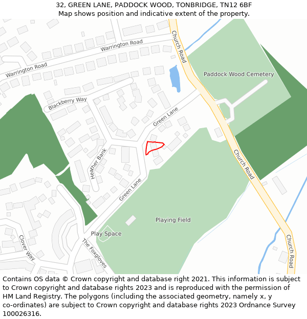 32, GREEN LANE, PADDOCK WOOD, TONBRIDGE, TN12 6BF: Location map and indicative extent of plot
