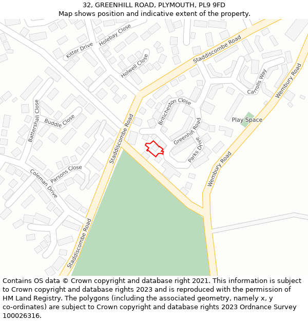 32, GREENHILL ROAD, PLYMOUTH, PL9 9FD: Location map and indicative extent of plot