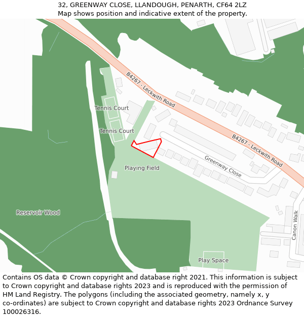 32, GREENWAY CLOSE, LLANDOUGH, PENARTH, CF64 2LZ: Location map and indicative extent of plot