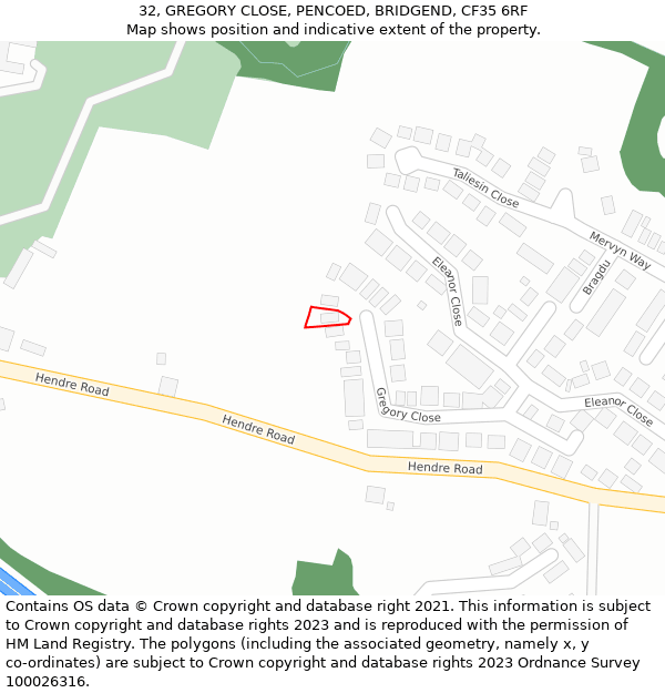 32, GREGORY CLOSE, PENCOED, BRIDGEND, CF35 6RF: Location map and indicative extent of plot