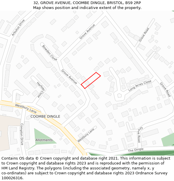 32, GROVE AVENUE, COOMBE DINGLE, BRISTOL, BS9 2RP: Location map and indicative extent of plot