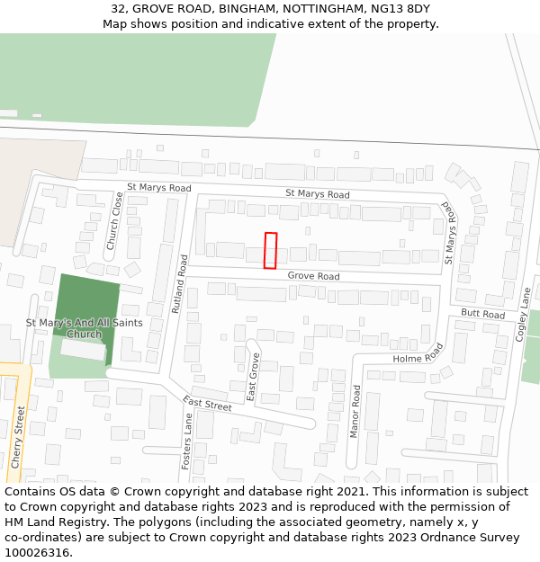 32, GROVE ROAD, BINGHAM, NOTTINGHAM, NG13 8DY: Location map and indicative extent of plot