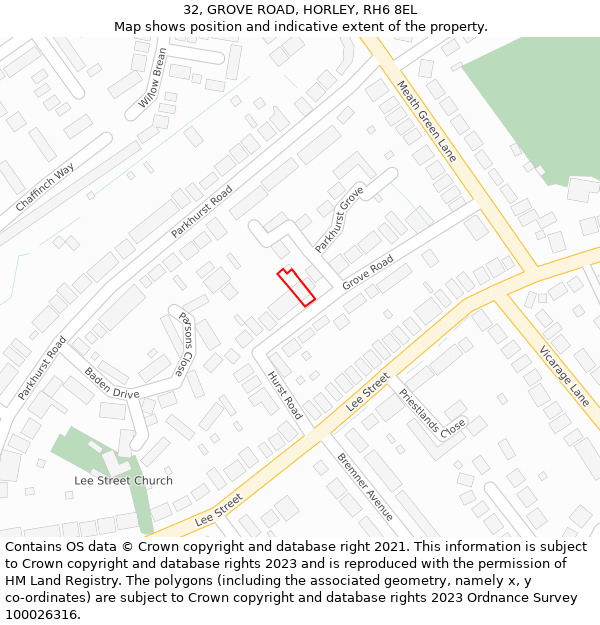 32, GROVE ROAD, HORLEY, RH6 8EL: Location map and indicative extent of plot