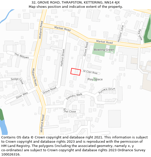 32, GROVE ROAD, THRAPSTON, KETTERING, NN14 4JX: Location map and indicative extent of plot