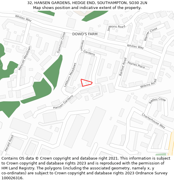 32, HANSEN GARDENS, HEDGE END, SOUTHAMPTON, SO30 2LN: Location map and indicative extent of plot