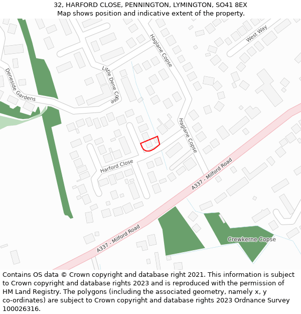 32, HARFORD CLOSE, PENNINGTON, LYMINGTON, SO41 8EX: Location map and indicative extent of plot