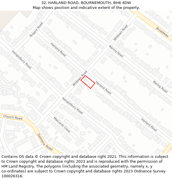 32, HARLAND ROAD, BOURNEMOUTH, BH6 4DW: Location map and indicative extent of plot