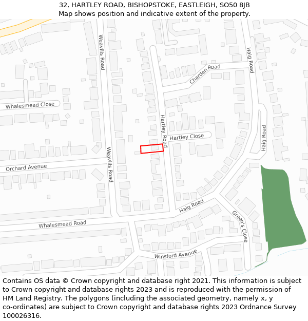 32, HARTLEY ROAD, BISHOPSTOKE, EASTLEIGH, SO50 8JB: Location map and indicative extent of plot