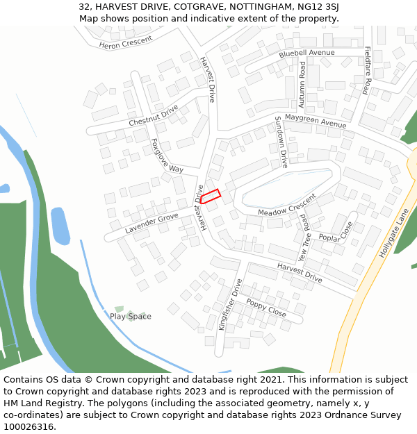 32, HARVEST DRIVE, COTGRAVE, NOTTINGHAM, NG12 3SJ: Location map and indicative extent of plot