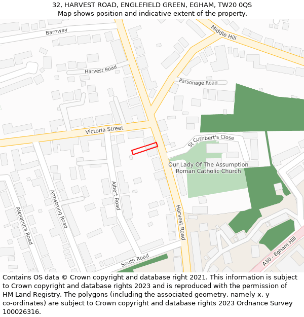 32, HARVEST ROAD, ENGLEFIELD GREEN, EGHAM, TW20 0QS: Location map and indicative extent of plot