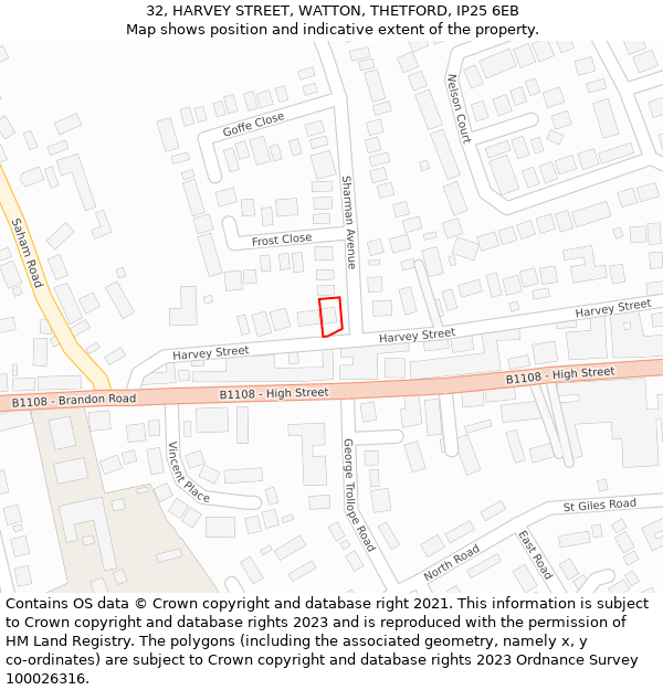 32, HARVEY STREET, WATTON, THETFORD, IP25 6EB: Location map and indicative extent of plot