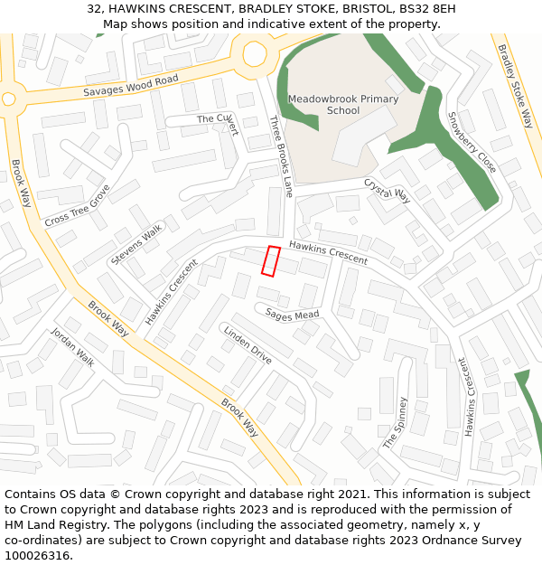 32, HAWKINS CRESCENT, BRADLEY STOKE, BRISTOL, BS32 8EH: Location map and indicative extent of plot