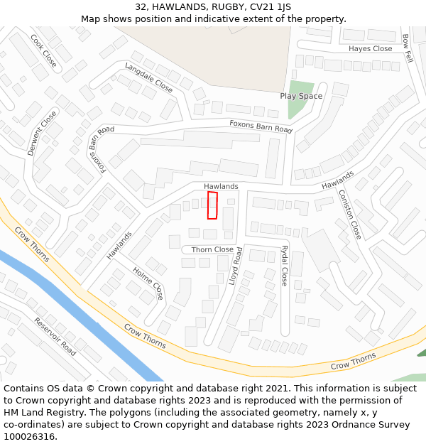 32, HAWLANDS, RUGBY, CV21 1JS: Location map and indicative extent of plot