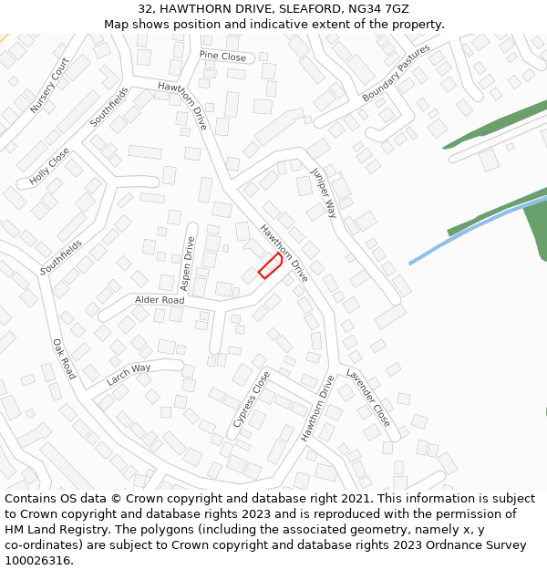 32, HAWTHORN DRIVE, SLEAFORD, NG34 7GZ: Location map and indicative extent of plot