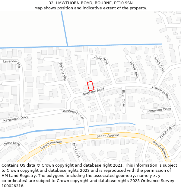 32, HAWTHORN ROAD, BOURNE, PE10 9SN: Location map and indicative extent of plot