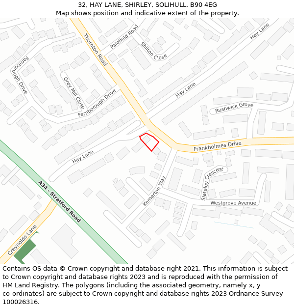 32, HAY LANE, SHIRLEY, SOLIHULL, B90 4EG: Location map and indicative extent of plot