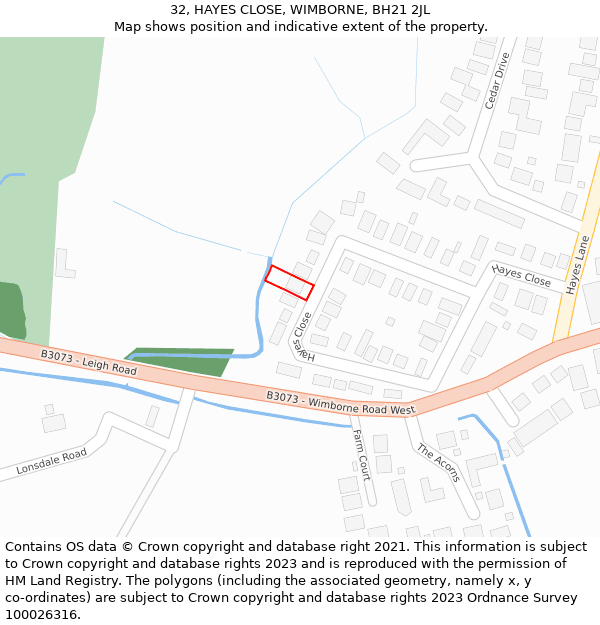 32, HAYES CLOSE, WIMBORNE, BH21 2JL: Location map and indicative extent of plot