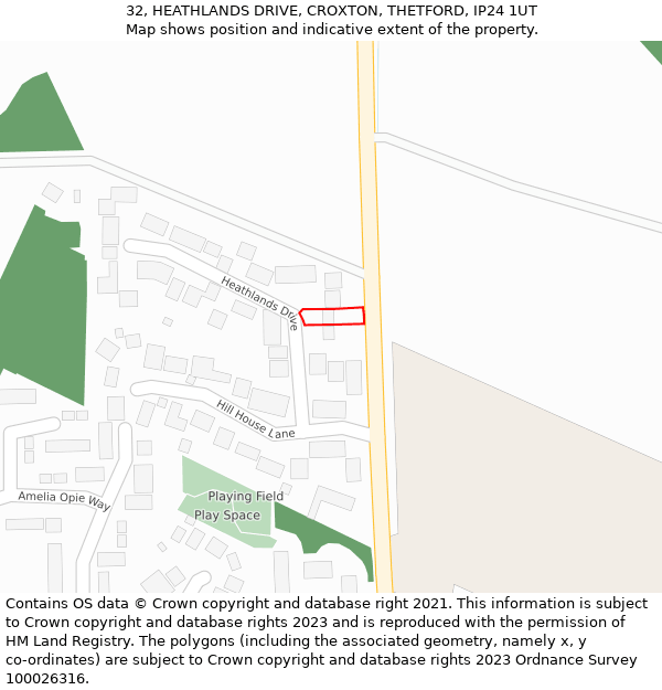 32, HEATHLANDS DRIVE, CROXTON, THETFORD, IP24 1UT: Location map and indicative extent of plot