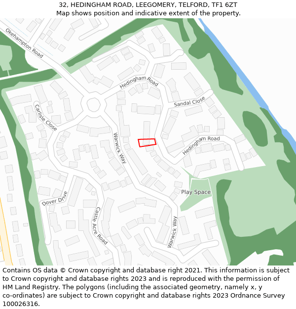 32, HEDINGHAM ROAD, LEEGOMERY, TELFORD, TF1 6ZT: Location map and indicative extent of plot