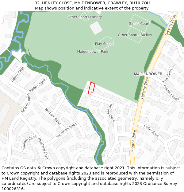 32, HENLEY CLOSE, MAIDENBOWER, CRAWLEY, RH10 7QU: Location map and indicative extent of plot