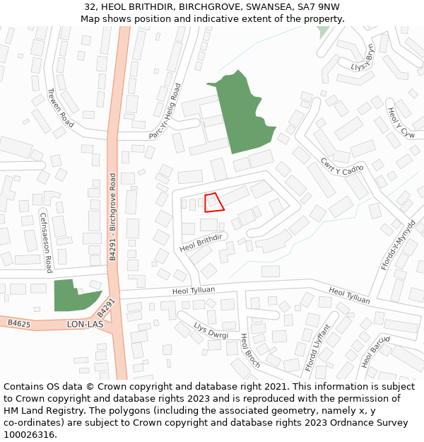 32, HEOL BRITHDIR, BIRCHGROVE, SWANSEA, SA7 9NW: Location map and indicative extent of plot