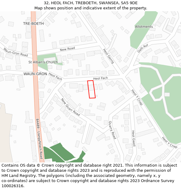 32, HEOL FACH, TREBOETH, SWANSEA, SA5 9DE: Location map and indicative extent of plot