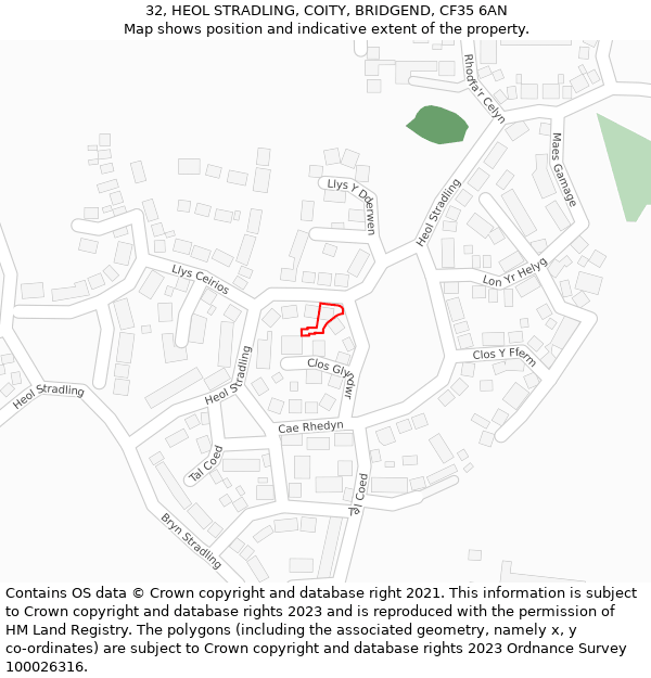 32, HEOL STRADLING, COITY, BRIDGEND, CF35 6AN: Location map and indicative extent of plot