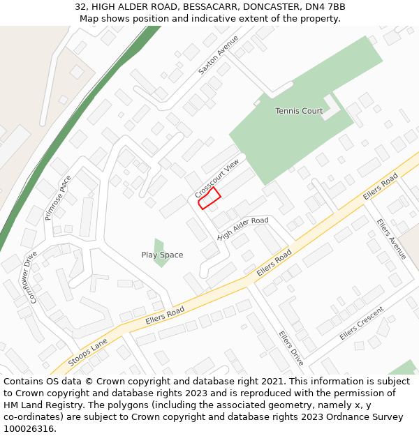 32, HIGH ALDER ROAD, BESSACARR, DONCASTER, DN4 7BB: Location map and indicative extent of plot