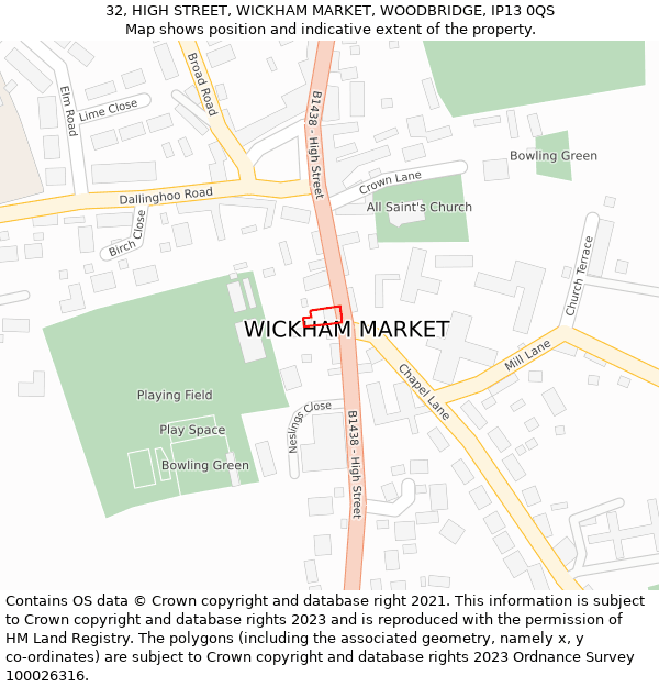 32, HIGH STREET, WICKHAM MARKET, WOODBRIDGE, IP13 0QS: Location map and indicative extent of plot