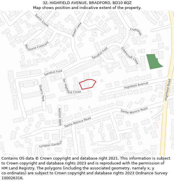 32, HIGHFIELD AVENUE, BRADFORD, BD10 8QZ: Location map and indicative extent of plot