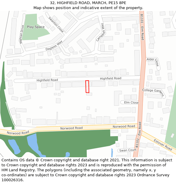 32, HIGHFIELD ROAD, MARCH, PE15 8PE: Location map and indicative extent of plot