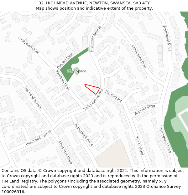 32, HIGHMEAD AVENUE, NEWTON, SWANSEA, SA3 4TY: Location map and indicative extent of plot