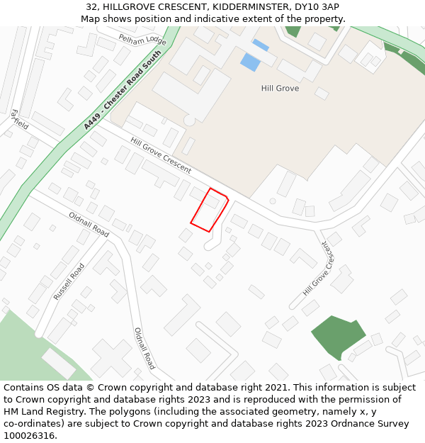 32, HILLGROVE CRESCENT, KIDDERMINSTER, DY10 3AP: Location map and indicative extent of plot