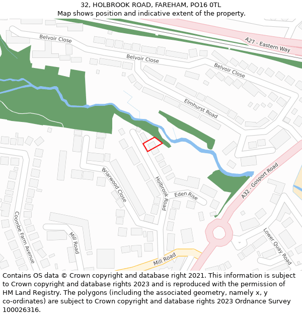 32, HOLBROOK ROAD, FAREHAM, PO16 0TL: Location map and indicative extent of plot