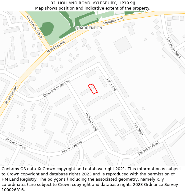 32, HOLLAND ROAD, AYLESBURY, HP19 9JJ: Location map and indicative extent of plot