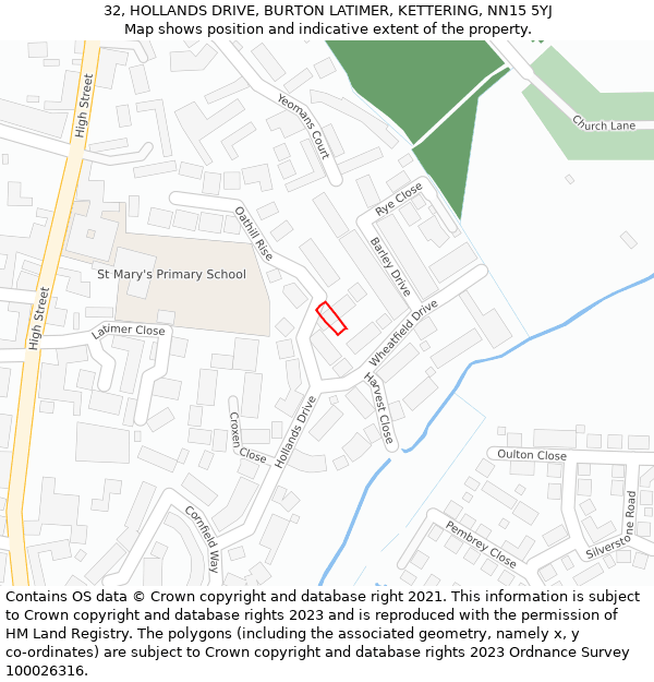 32, HOLLANDS DRIVE, BURTON LATIMER, KETTERING, NN15 5YJ: Location map and indicative extent of plot
