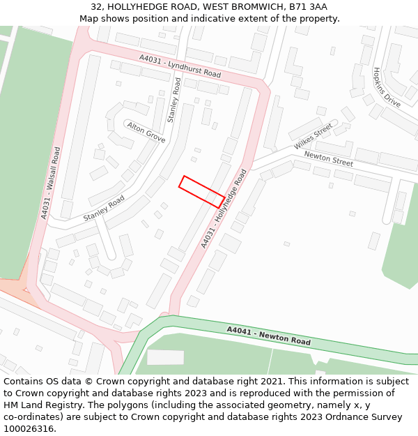 32, HOLLYHEDGE ROAD, WEST BROMWICH, B71 3AA: Location map and indicative extent of plot