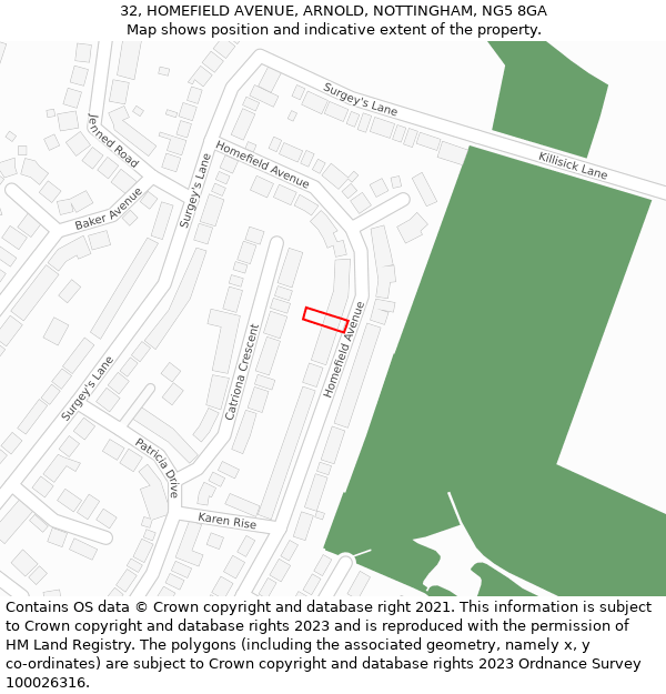 32, HOMEFIELD AVENUE, ARNOLD, NOTTINGHAM, NG5 8GA: Location map and indicative extent of plot
