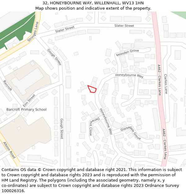 32, HONEYBOURNE WAY, WILLENHALL, WV13 1HN: Location map and indicative extent of plot