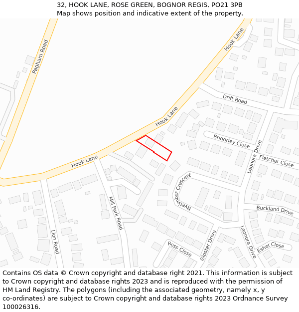 32, HOOK LANE, ROSE GREEN, BOGNOR REGIS, PO21 3PB: Location map and indicative extent of plot