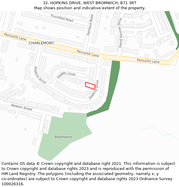 32, HOPKINS DRIVE, WEST BROMWICH, B71 3RT: Location map and indicative extent of plot