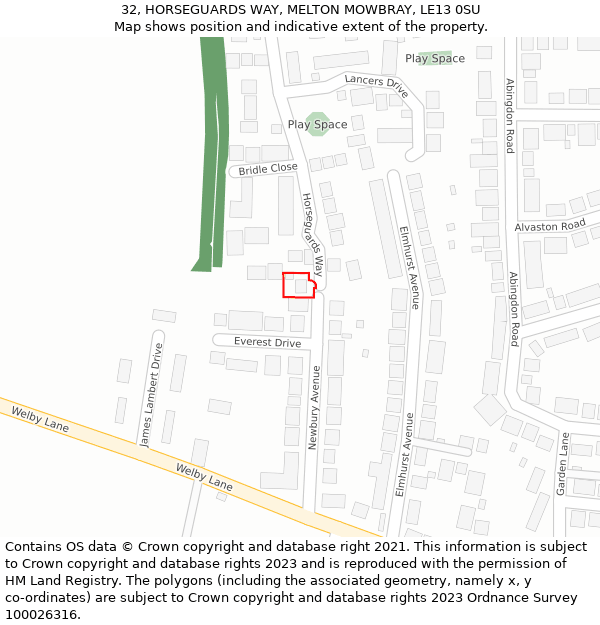 32, HORSEGUARDS WAY, MELTON MOWBRAY, LE13 0SU: Location map and indicative extent of plot