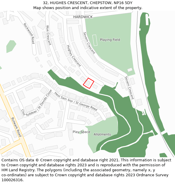 32, HUGHES CRESCENT, CHEPSTOW, NP16 5DY: Location map and indicative extent of plot