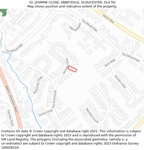 32, JASMINE CLOSE, ABBEYDALE, GLOUCESTER, GL4 5FJ: Location map and indicative extent of plot