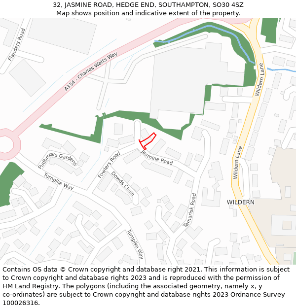 32, JASMINE ROAD, HEDGE END, SOUTHAMPTON, SO30 4SZ: Location map and indicative extent of plot