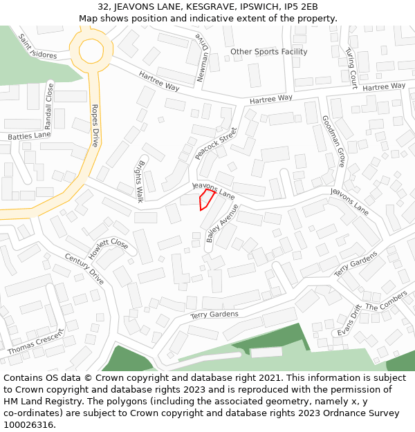 32, JEAVONS LANE, KESGRAVE, IPSWICH, IP5 2EB: Location map and indicative extent of plot